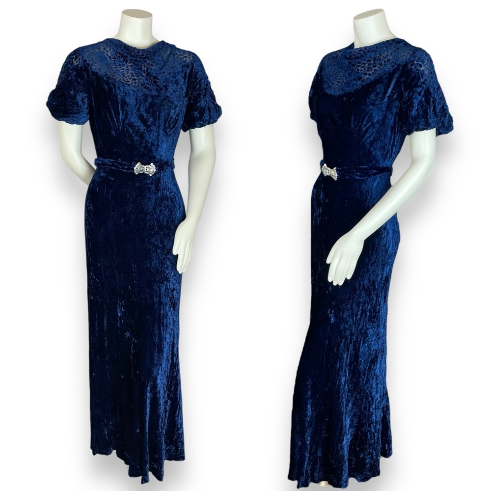 Vintage 1930s Velvet Dress Maxi Blue Cowl Neck Elegant Short Sleeves Belted Gown